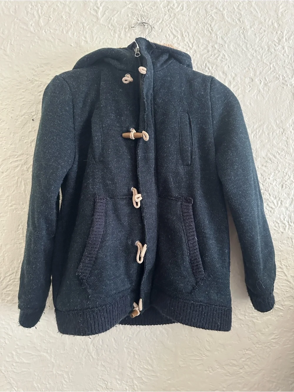 Zara Kids Boys Dark Blue Knit Duffle Coat Hooded Jacket 13-14 Children’s